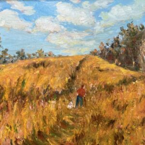 Just a Man and His Dog.  Oil on linen panel